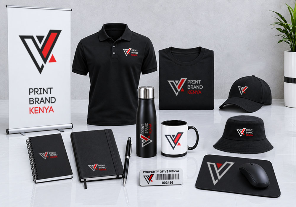 Printed business cards, branded t-shirt, mugs and brochures produced by VS Kenya Designs in Nairobi